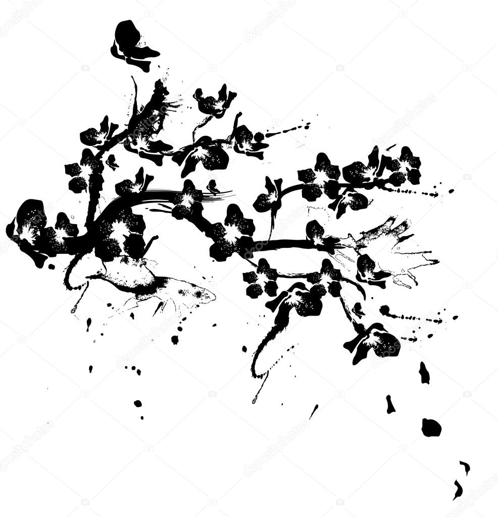illustration with cherry tree flowers silhouette on white backgr
