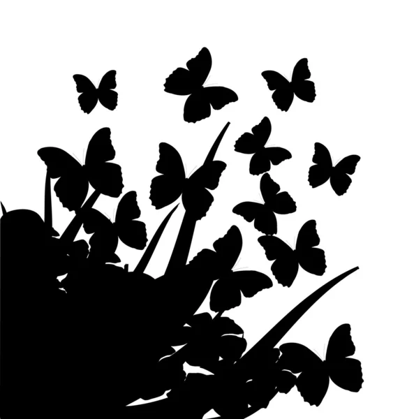 Illustration with silhouettes of butterflies, flowers and grass — Stock Vector