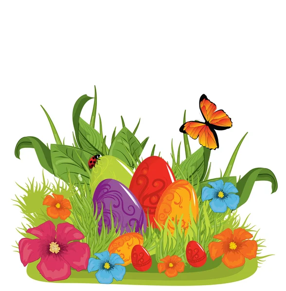 Ilustração vetorial de ovos de Páscoa na bela grama verde — Vetor de Stock