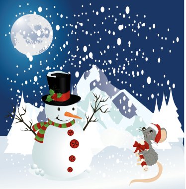 Snowman and mouse christmas background clipart