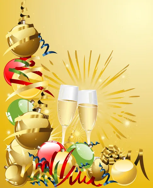 New year background with glasses and balls — Stock Vector