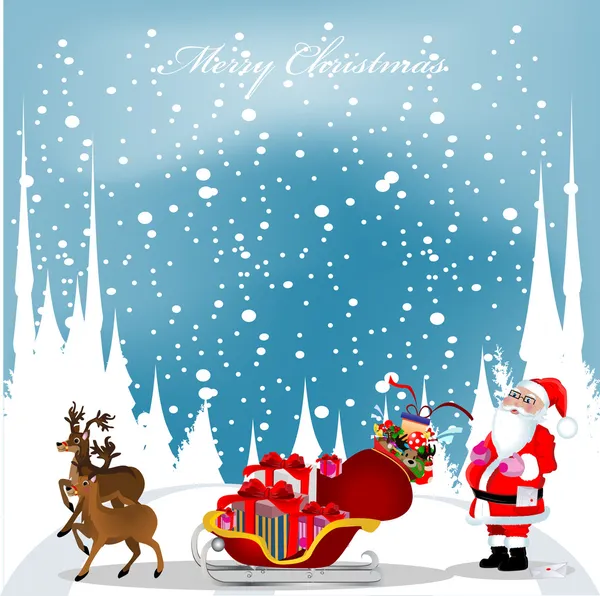 Julkort med jultomten, renar och snöflingor i den — Stock vektor