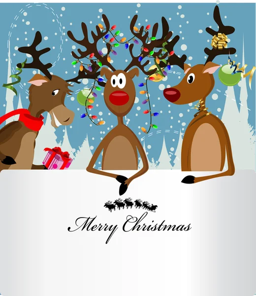 テキスト ボックスと 3 つの幸せなトナカイのメリー クリスマス カード — ストックベクタ