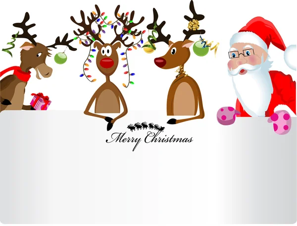Boldog karácsonyi kártya santa claud, három boldog rénszarvas és — Stock Vector