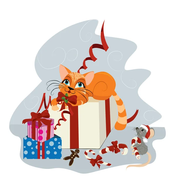 Roztomilý vánoční kočka a myš — Stockový vektor