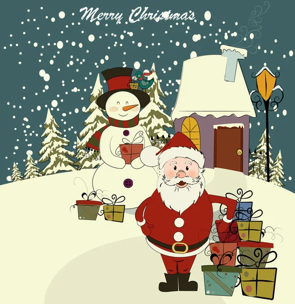 サンタ クロースと雪だるまのクリスマス カード。ベクトル。編集可能です — ストックベクタ