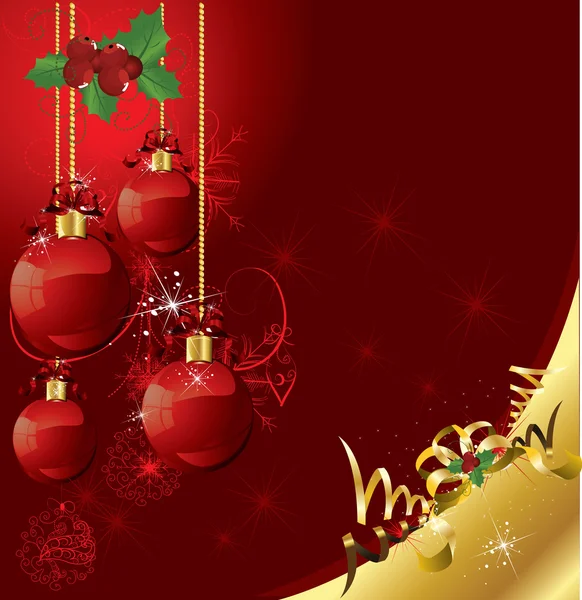 Schöne rote Weihnachtskugel Postkarte auf rotem Hintergrund — Stockvektor