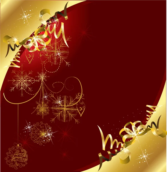 Cartão de Natal vermelho com flocos de neve e bugigangas douradas — Vetor de Stock