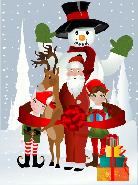 Weihnachtsmann, Rudolph, Elfe und Schneemann — Stockvektor