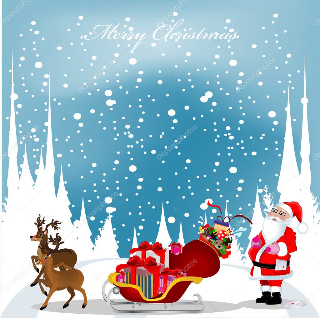 christmas card with Santa Claus,reindeers and snowflakes in the