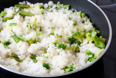 Rise and broccoli on frying pan clipart