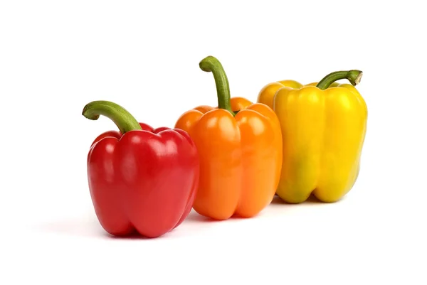 Three colorful peppers in a row — Stock Photo, Image