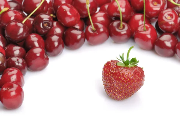 Eine Erdbeere und ein Haufen Kirschen — Stockfoto