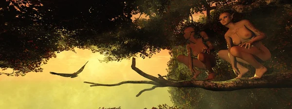 Zwei Elfen sitzen auf einem Ast im Märchenwald — Stockfoto