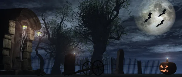 Halloween på kyrkogården med pumpa — Stockfoto
