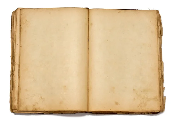 Altes Jahrbuch auf weißem Hintergrund öffnen Stockfoto