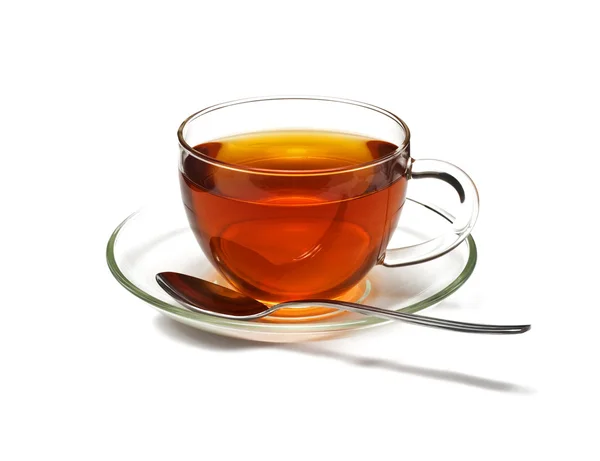 Siyah çay ve kaşık ile cam fincan — Stok fotoğraf