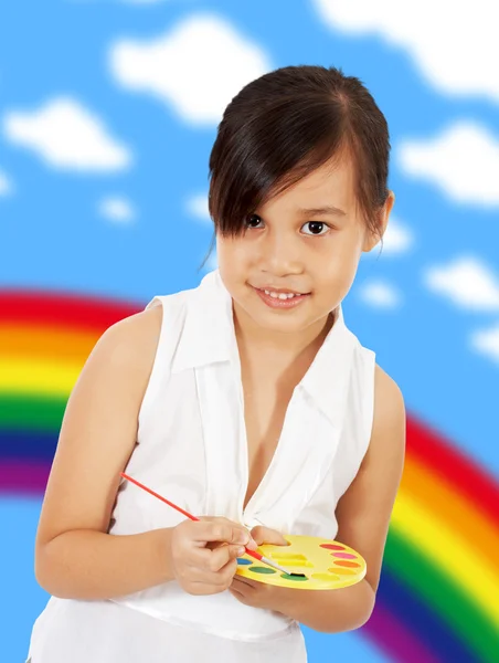 Молода художня дівчина з набором фарби — стокове фото