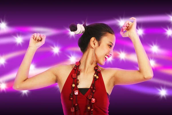 Young woman Dancing with Abstract Purple and Stars Background — Stock Photo, Image