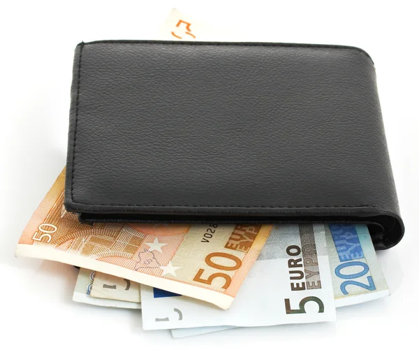 Billetera negra que contiene billetes en euros — Foto de Stock