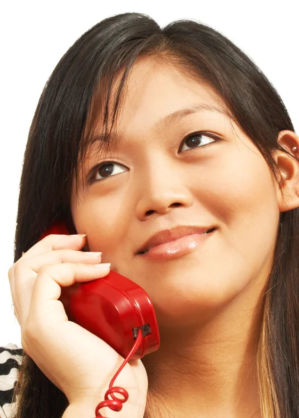 Kvinnan pratar på en fast telefon — Stockfoto
