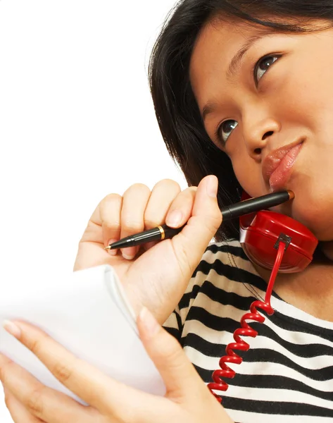 Woman Thinking And Talking On The Telephone — Stock Photo, Image