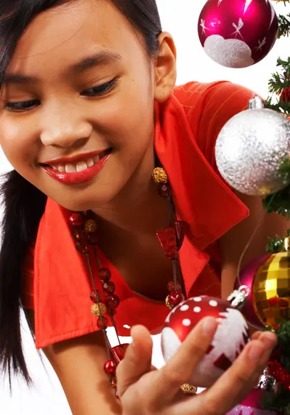 Girl Decorating A Christmas Tree — Stock Photo, Image