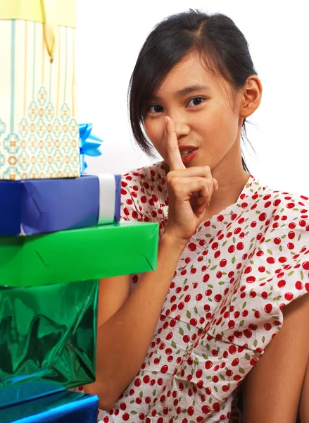 Girl Looking At Lots Of Birthday Presents — Stock Photo, Image