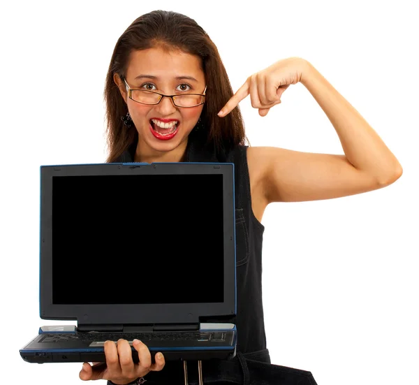 Dívka ukazuje na prázdné počítač zástěna poselstvi — Stock fotografie