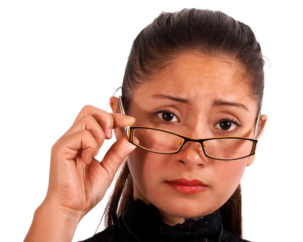 Mulher preocupada vestindo óculos — Fotografia de Stock
