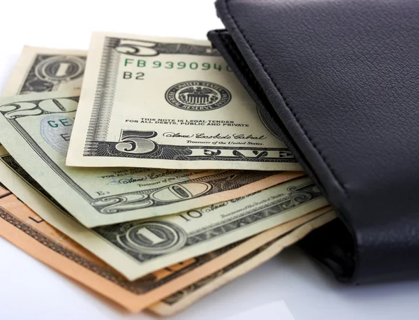 Dollar kontant i en svart plånbok — Stockfoto