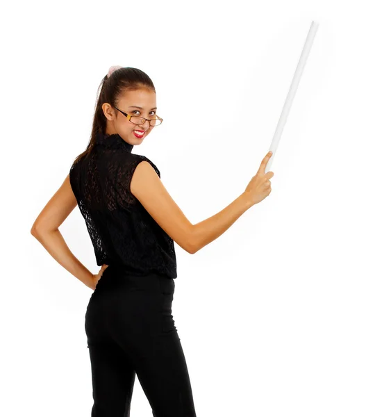 Excited Female Pointing To A Whiteboard — Stock Photo, Image