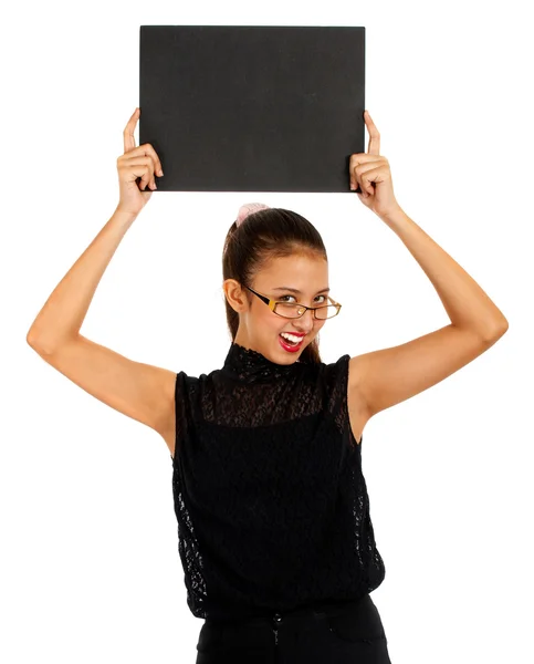 Blank Black Board Held By Smiling Girl — Stock Photo, Image