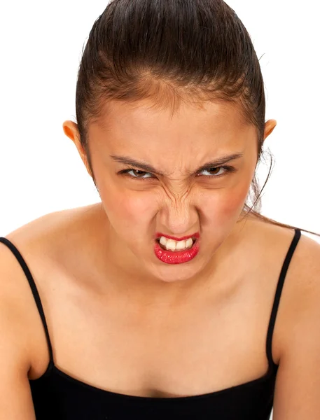 Rozzlobený asijské dívka tahání obličej — Stock fotografie
