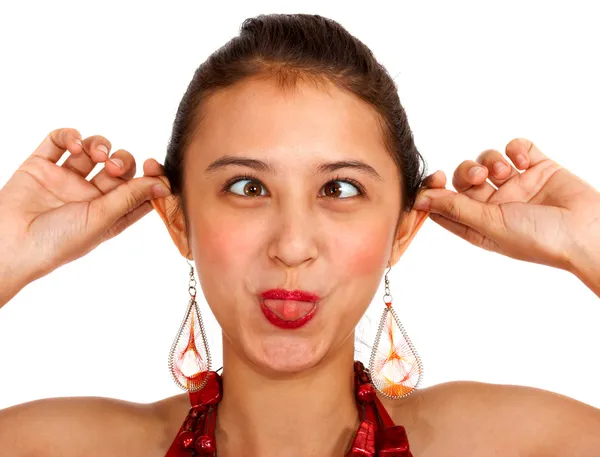 Crazy Girl Cross Eyed And Pulling Her Ears — Stock Photo, Image