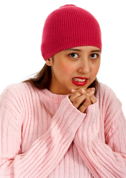 Genç şapkalı bir jumper duygu soğuk — Stok fotoğraf