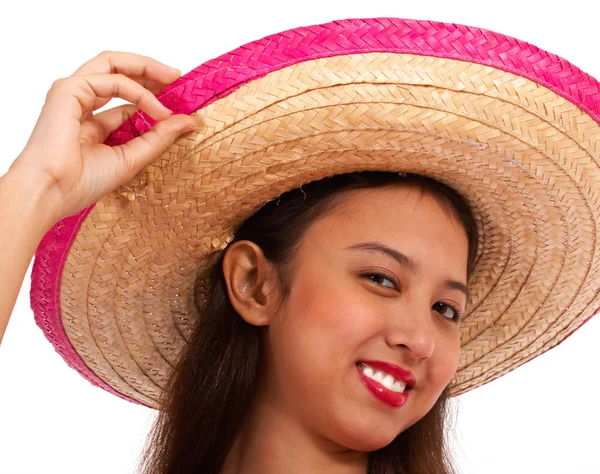 Meisje in een stro hoed glimlachen — Stockfoto