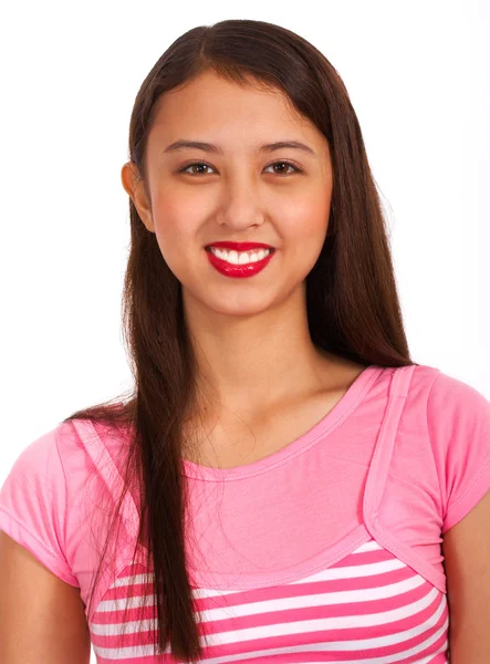 Boldog lány az, rózsaszín póló — Stock Fotó