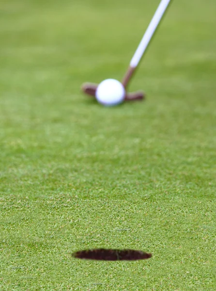 Golf topu deliğe koyarak — Stok fotoğraf