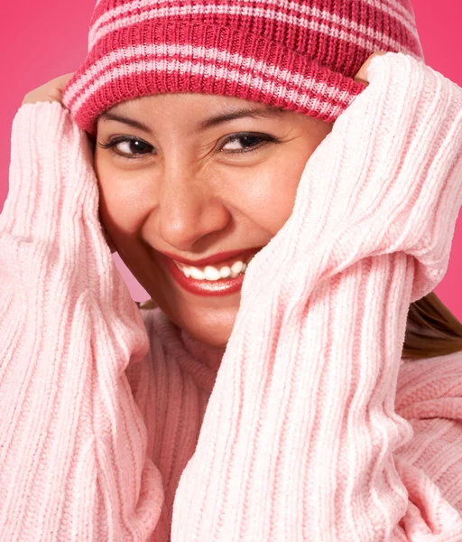 Girl Getting Warm In A Wooly Hat — Stock Photo, Image