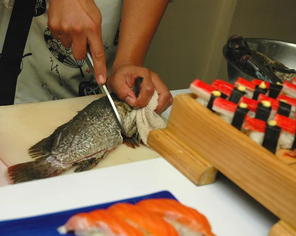 stock image Japanese Restaurant Cutting Fish For Sushi