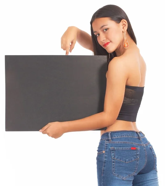 Sexy meisje houdt van een leeg bord — Stockfoto