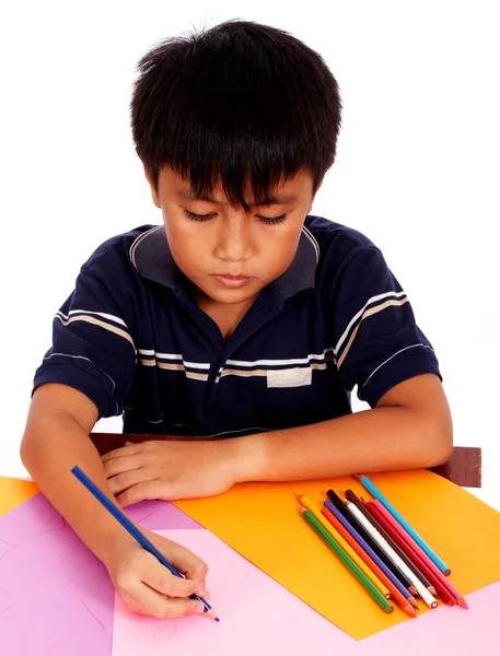 Boy With His Colored Pencils Drawing Picture — Stock Photo, Image