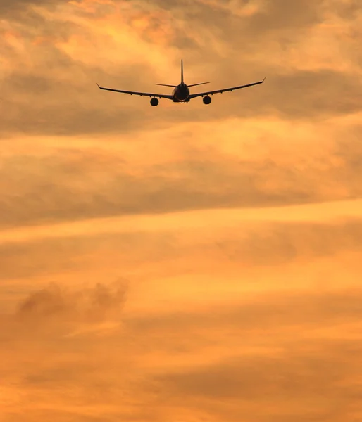 Flugzeug fliegt zu einem tropischen Ziel in den Sonnenuntergang — Stockfoto