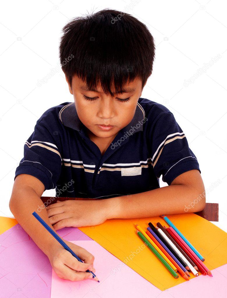 Boy With His Colored Pencils Drawing Picture