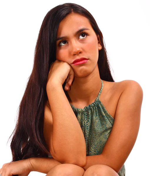 Lynnig och irriterad tjej som funderar på saker — Stockfoto