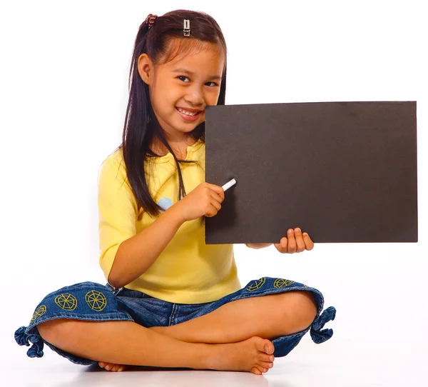 Kid Holding A Black Blank Board For Writing A Message — Stock Photo, Image