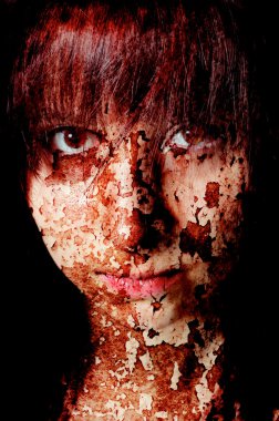 Dark art portrait of a girl with cracks and old paint clipart