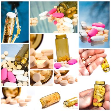 Medicien tileset with medicine bottle, pills, and syringe clipart