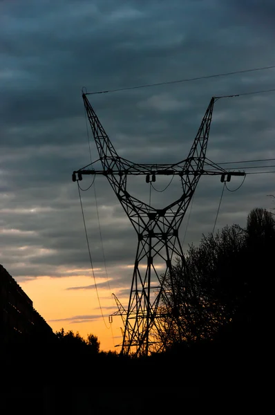 日没に対する電源ケーブルのシルエット — ストック写真